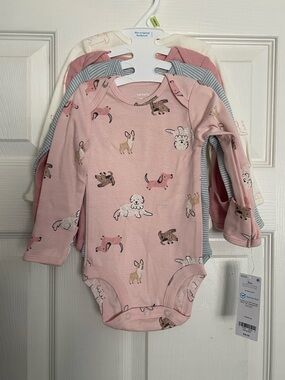 NWT Carter's Long-Sleeve One-Piece Bodysuits 4 Pack of Pinks, Blue Stripes &Dogs